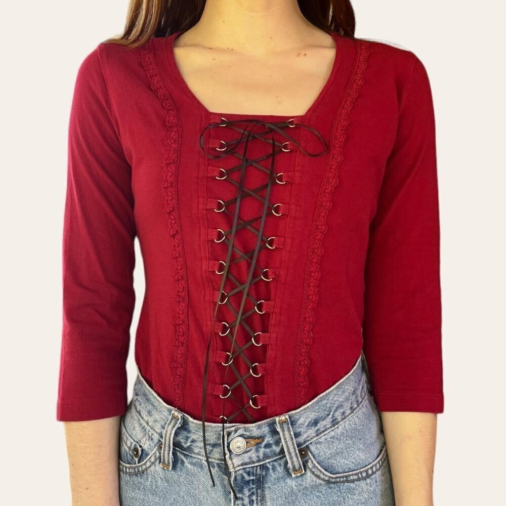 Fashion Bug 90s/y2k lace up corset 3/4 sleeve vampy top xsmall